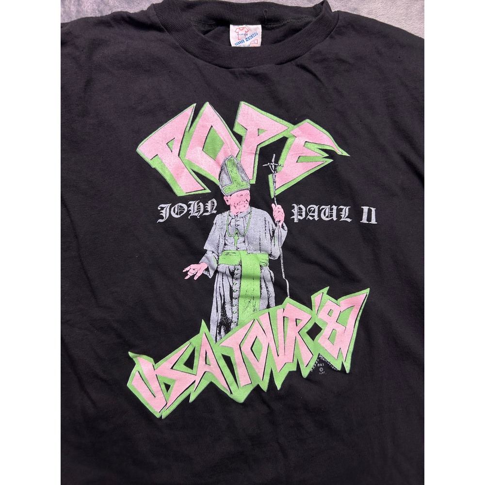 Vintage 1987 Pope John Paul II USA Tour T-Shirt Black Single Stitch Tees L 80s - Picture 3 of 6